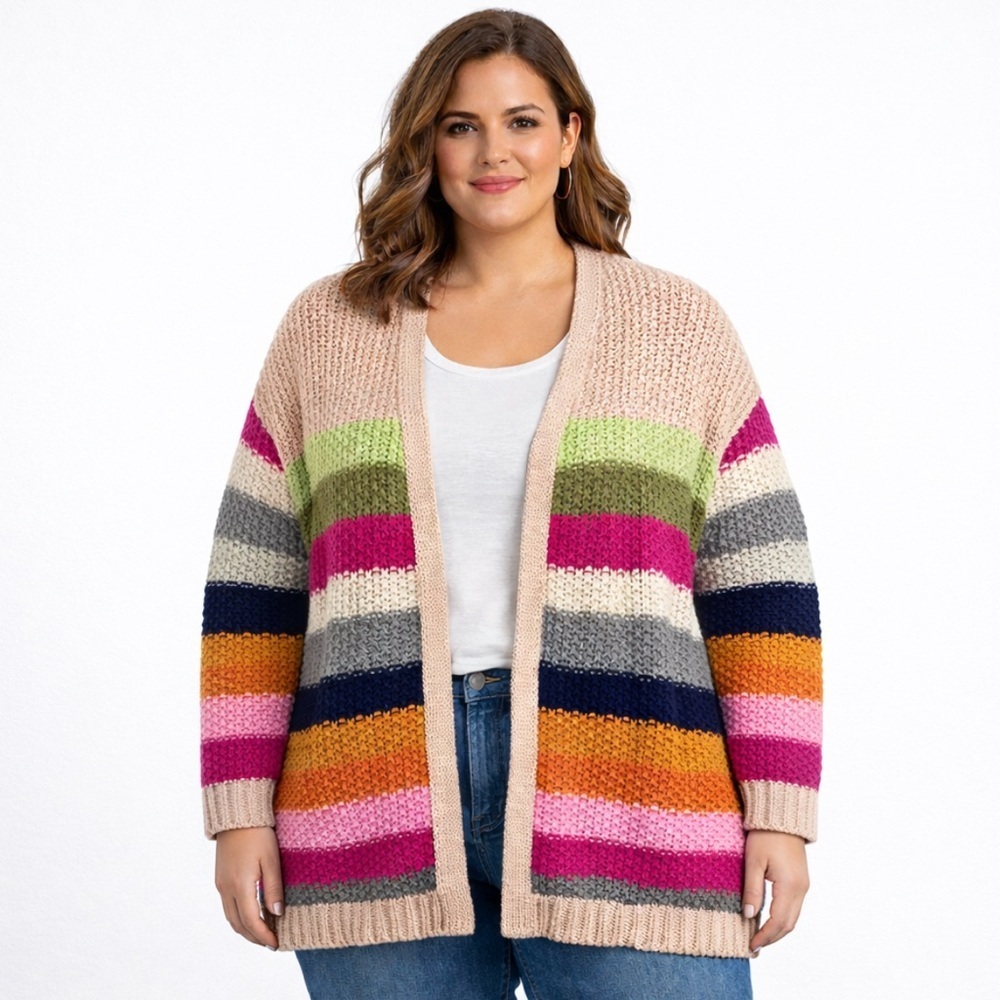 Women's Open Front Chunky Knit Cardigan Sweater Oversized 2XL Multicolor Stripe